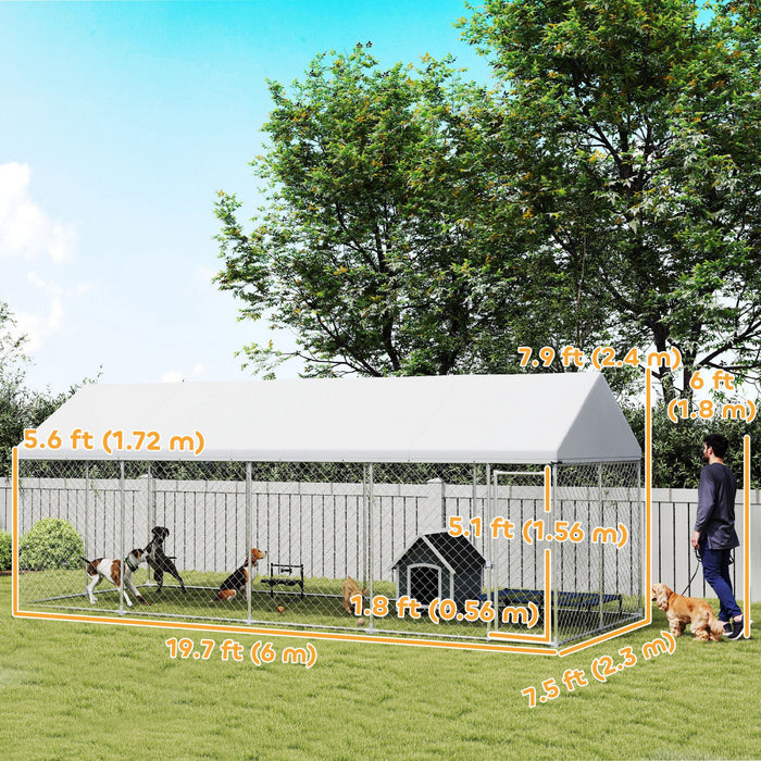 PawHut Extra Large Dog Kennel with Roof and Safety Lockable Latch, Heavy-Duty Galvanized Steel Dog Run Chain Link w/ Waterproof UV-Resistant Cover, 19.7' x 7.5' x 7.9'