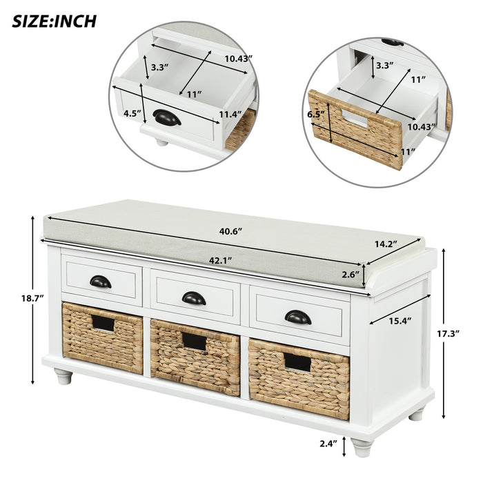 Harvey Solid Wood Storage Bench With Drawers And Rattan Baskets - White