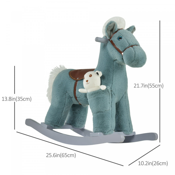 Qaba Kids Plush Ride-on Rocking Horse Toy Ride On Rocker With Plush Toy Realistic Sounds For Child 18-36 Months, Blue