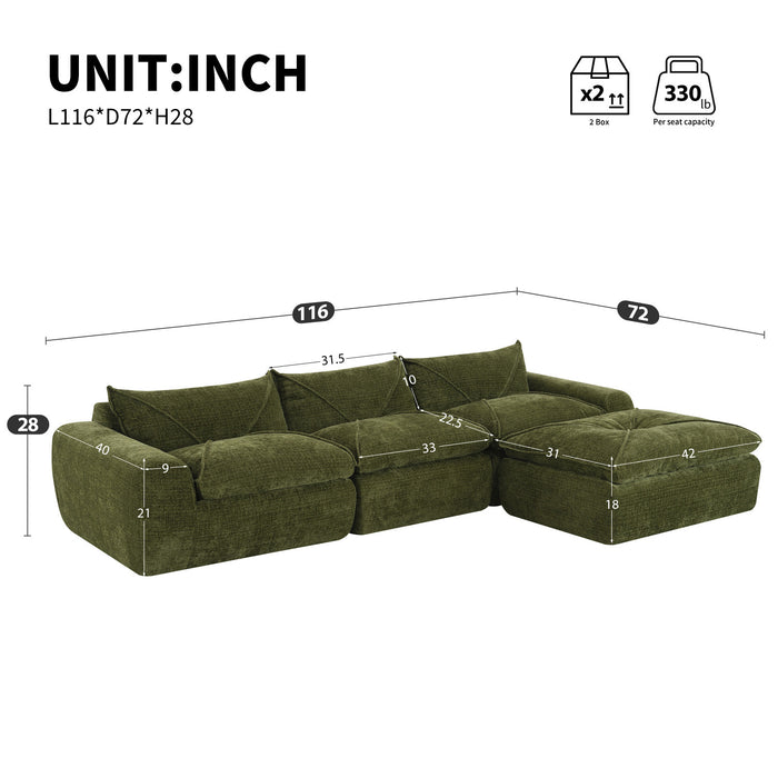 Cloud 116 Inch Modular Sectional Sofa with Ottoman and Legless Design, Green