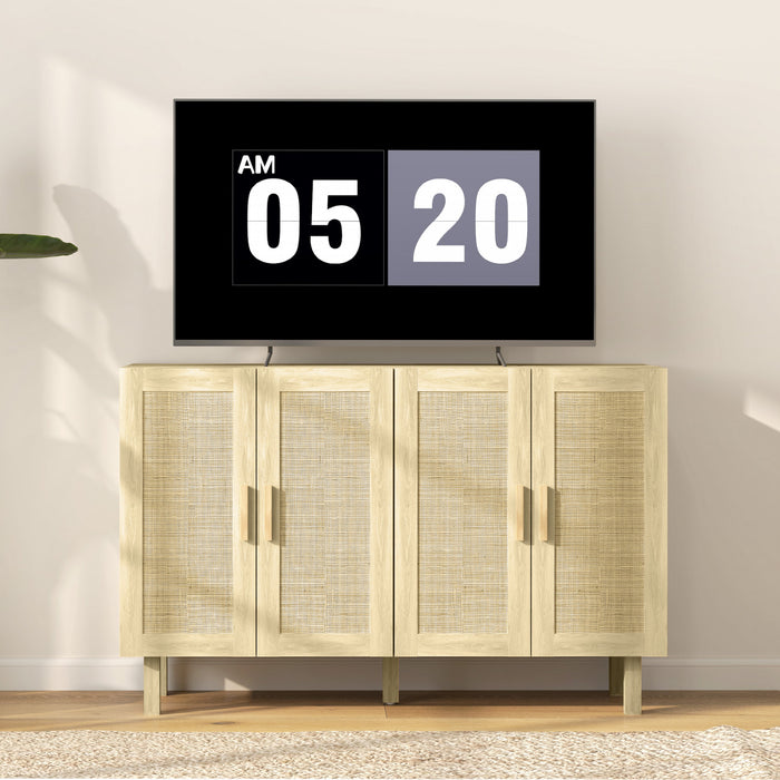 HOMCOM Boho Sideboard Buffet Cabinet with 4 Rattan Doors, Natural