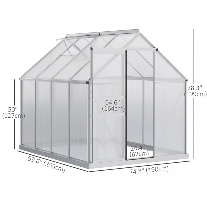 Outsunny 6' X 8' X 6.5' Polycarbonate Greenhouse, Walk-in Green House With Adjustable Roof Vent, Galvanized Base, Sliding Door And Rain Gutter For Outdoor, Garden, Backyard, Clear