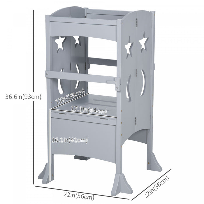 Qaba Step Stool With Support Handles, Safety Rail And Non-slip, Hardwood Stepping Stool For Kids And Toddlers, Counter Step -p Helper Kids Footstool Grey