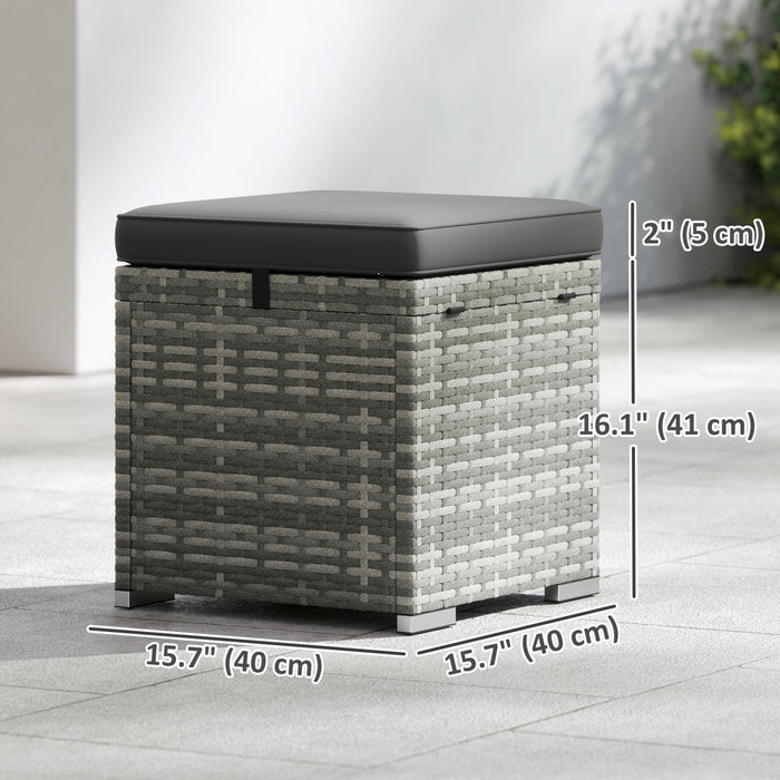 Outsunny 2 Pieces Wicker Outdoor Ottoman with Storage, Cushions, Dark Grey