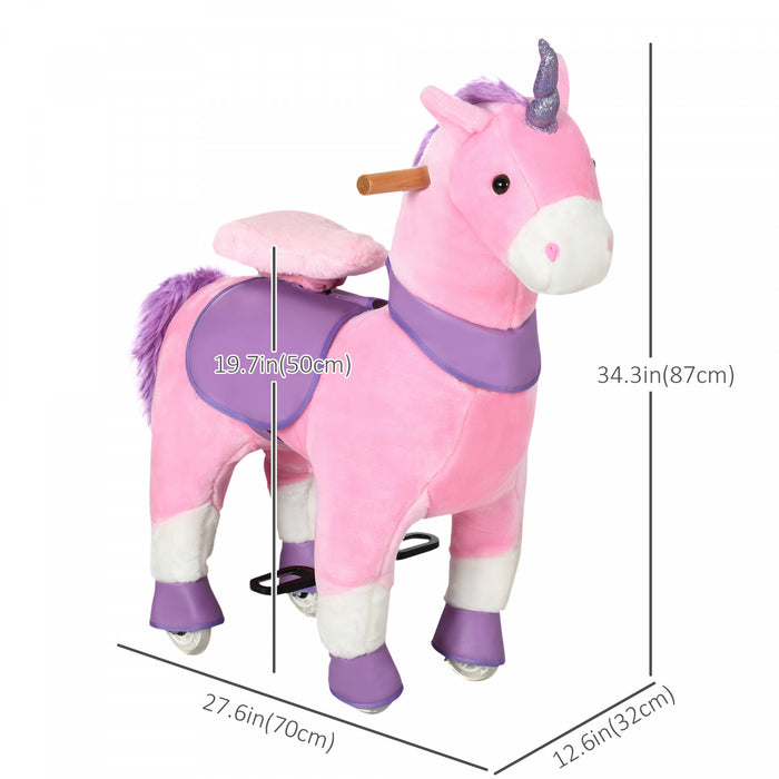 Qaba Ride On Unicorn Walking Horse Mechanical Pony Toy With Wheels Gift For 3-6 Years Girls Boys Pink