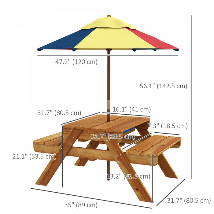 Outsunny Kids Picnic Table, 3-in-1 Sand And Water Table Wooden With Removable Foldable Umbrella, Detachable Tabletop For Patio Lawn Garden, Aged 3-6 Years Old, Teak