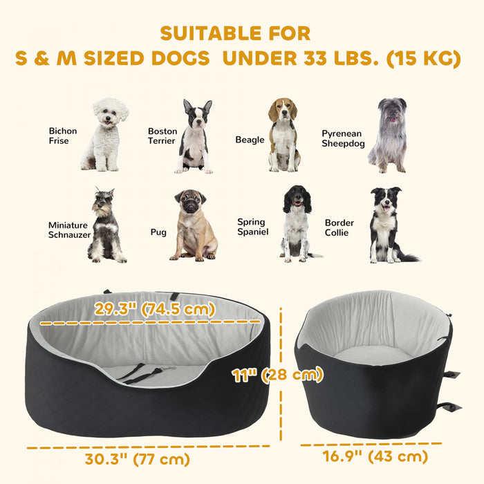 PawHut Dog Car Seat for Small Medium Pets, Dog Car Bed with Cushion and Safety Belt, Detachable and Washable Pet Bed for Puppy Under 33lbs, Black