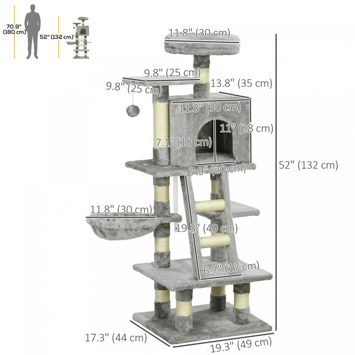 Pawhut Cat Tree, Cat Tower For Indoor Cats With Sisal Scratching Post, Cat Condo, Hammock, Bed, Ladder, Platforms, Toy Balls For Kittens, Light Grey