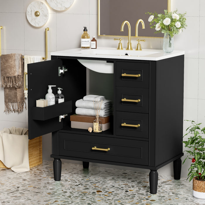 Emerson 30 Inch Bathroom Vanity with Ceramic Sink and Three Drawers, Black