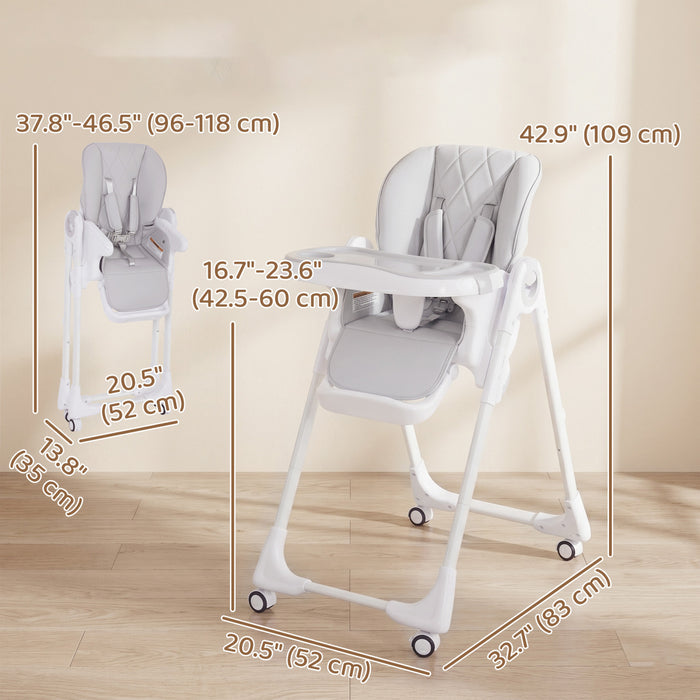 Qaba Baby High Chair, Foldable Dining Booster Seat with Adjustable Seat Height, Backrest, Footrest and Tray, Removable Double Tray, Wheels for Babies 6-36 Months, Light Grey