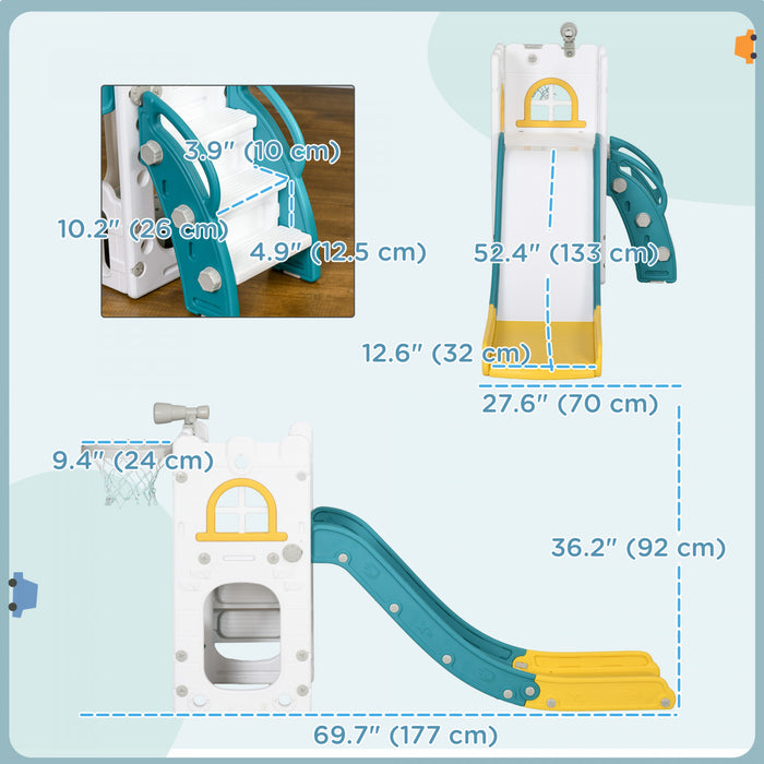 Qaba Toddler Slide, 4 In 1 Slide For Kids Aged 1-3 Years With Basketball Hoop, Climber, Telescope, Storage Basket, For Indoor Use, Yellow