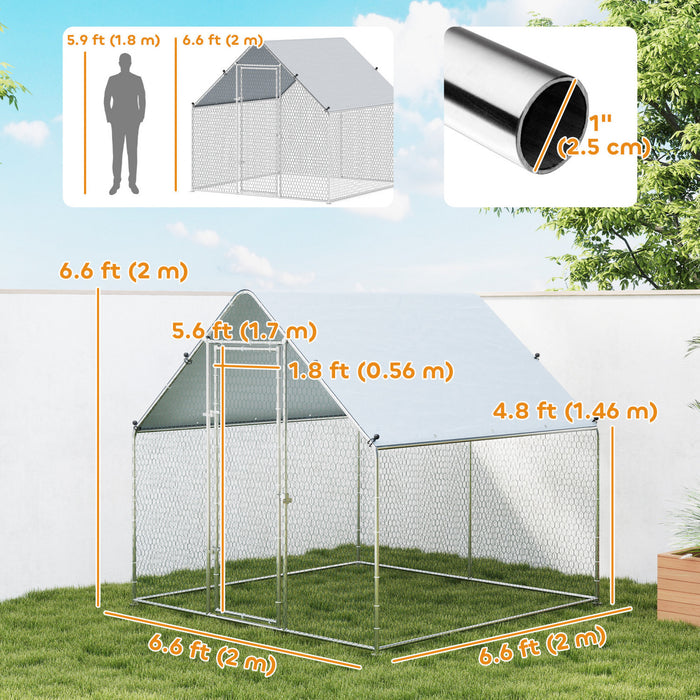 PawHut Metal Chicken Coop, Walk-in Large Chicken Run, Poultry Cage for 4-6 Hen, Duck, Rabbit with Water- and UV-Protection Cover, for Backyard, Garden, 6.6' x 6.6' x 6.6'