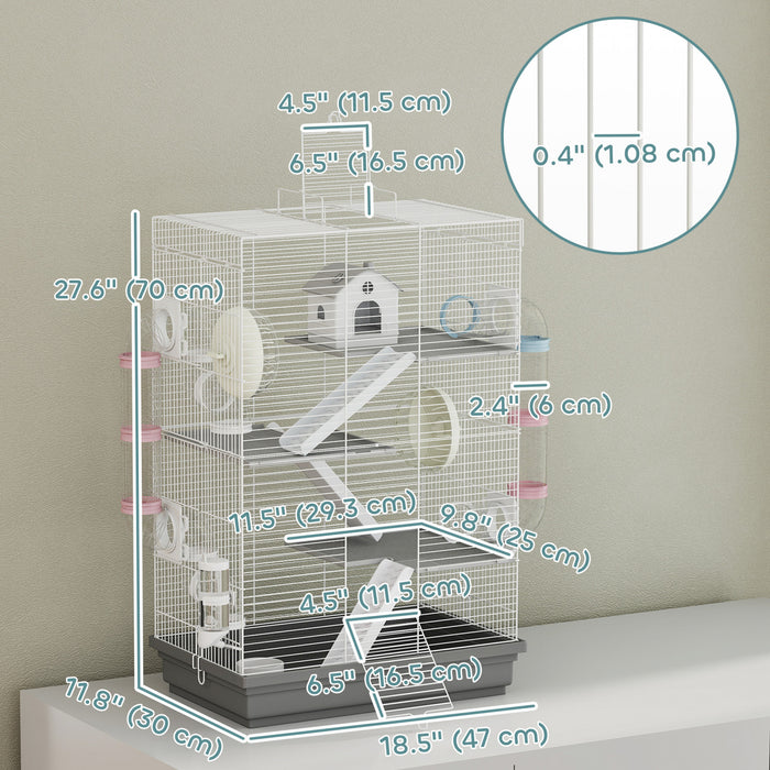 PawHut Hamster Cage, 4-Level Small Animal House with Excerise Wheel, Food Bowl, Water Bottle, House, Tunnels, Ramps, Gerbil Cage for Dwarf Hamster, 18.5\" x 12\" x 28\", Grey