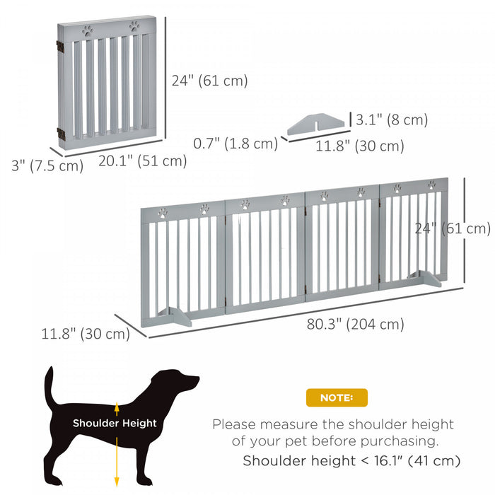 Pawhut Freestanding Pet Gate 4 Panel Wooden Dog Barrier Folding Safety Fence With Support Feet Up To 80.25\" Long 24\" Tall For Doorway Stairs Light Grey