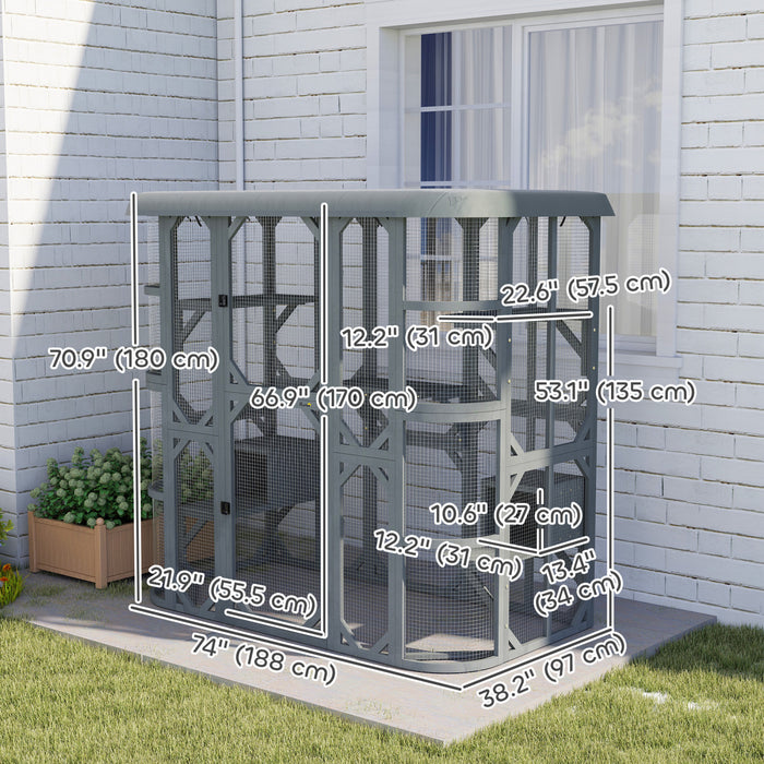PawHut Catio Outdoor Cat Enclosure, 71\"H Wooden Cat House with 5 Jumping Platforms, 2 Condos and Waterproof Cover, Walk-in Kitty Cage for 2–3 Kittens, Grey