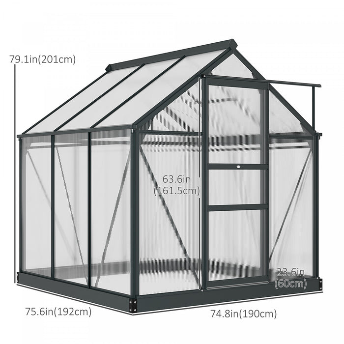 Outsunny 6' X 6' Clear Polycarbonate Greenhouse Walk-in Green House Garden Plants Grow Galvanized Base Aluminum Frame With Slide Doorwith Rain Gutter, Vent And Sliding Door, Grey