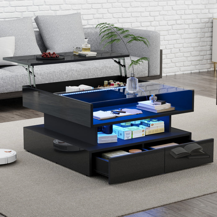 Oliver Lift-Top Coffee Table with LED Lighting and Glass Tabletop,Black