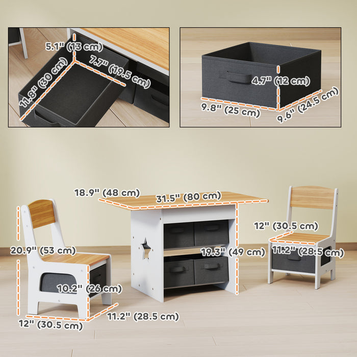 Qaba 3 Piece Kids Table and Chair Set, Toddler Table and Chairs Set with 6 Removable Drawers, for Ages 3-8, for Classroom, Living Room, Bedroom, Nursery, Playroom, Natural