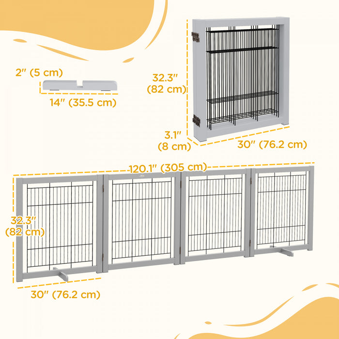 Pawhut Wooden Dog Gate Foldable Pet Fence For Small & Medium Dogs 4 Panel With Support Feet Freestanding Safety Barrier For House Doorway Stairs Light Grey