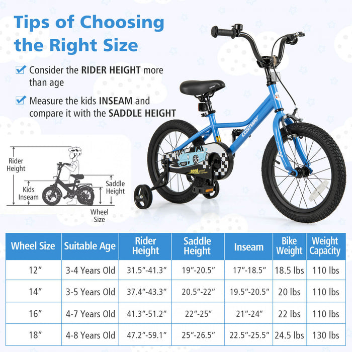 Costway 16\" Kids Training Bike With Removable Training Wheels Pneumatic Tires Navy