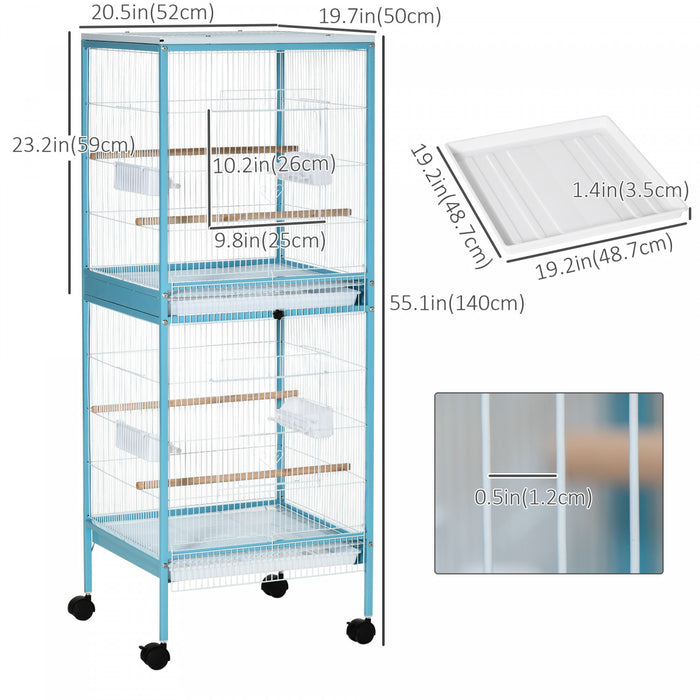Pawhut 55.1\" 2 In 1 Bird Cage Aviary Parakeet House For Finches, Budgies With Wheels, Slide-out Trays, Wood Perch, Food Containers, Light Blue