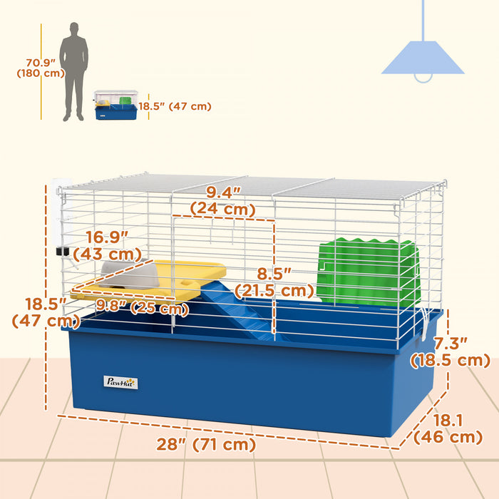 Pawhut 28\" L Rabbit Cage, Large Guinea Pig Cage Small Animal Cage With Water Bottle, Food Dish, Platform, Ramp, For Ferret, Chinchilla, Blue
