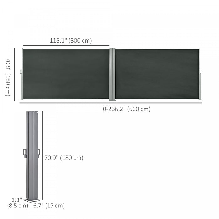 Outsunny Double Retractable Side Awning 236\" X 71\" Patio Screen Grey