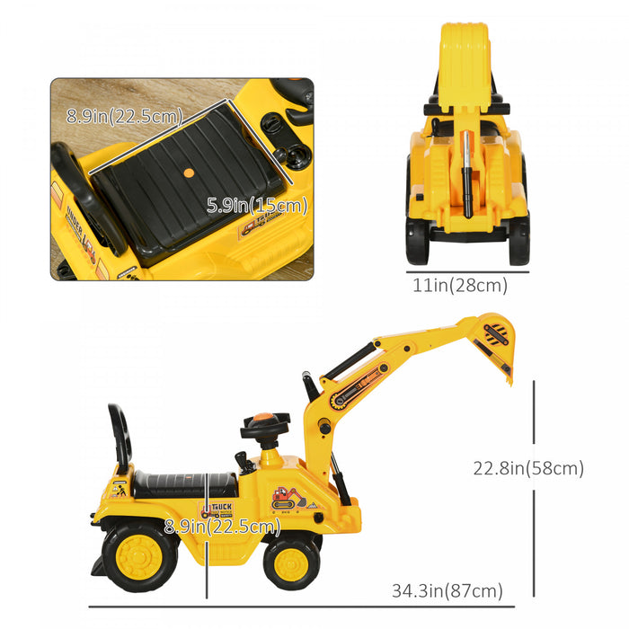 Homcom No Power 3 In 1 Ride On Toy Excavator Digger Scooter Pulling Cart Pretend Play Construction Truck