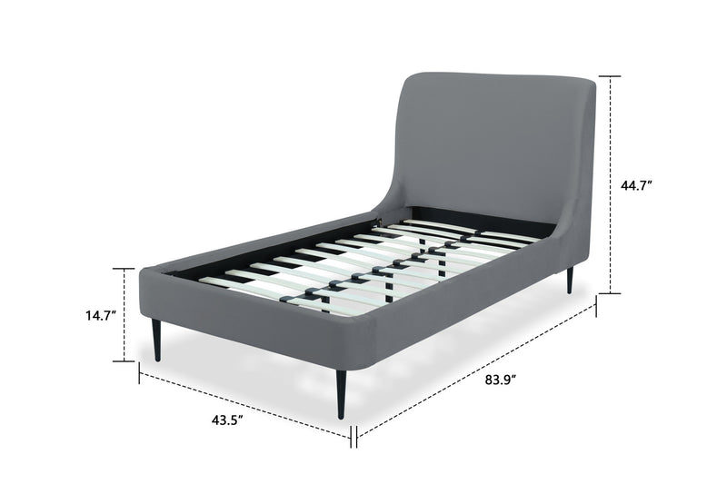 Heather Mid-Century Modern Velvet Upholstered Twin Bed in Gray and Black