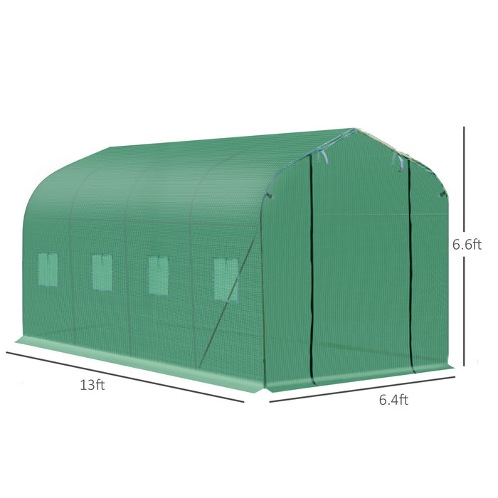 Outsunny 13' X 6.4' X 6.6' Steeple Walk-in Greenhouse Garden Plant Seed Grow Tent Polytennel With Windows And Door Green