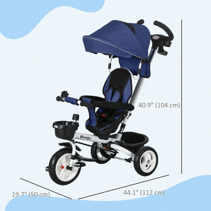 Qaba Toddler Tricycle, 6 In 1 Stroller Bike With Parent Push Handle, Canopy, Storage Baskets, Cupholder, Safety Guardrail And 5-point Safety Belt, For 12-60 Months, Dark Blue