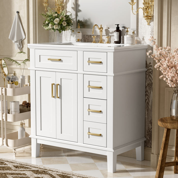 Savannah 30 Inch Bathroom Vanity with Ceramic Sink and Spacious Storage Cabinet, White