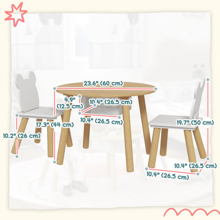 Qaba 3 Pieces Activity Table And Chair Set With Mesh Bag, Kids Table With Bear-shaped Chairs For Playroom, Nursery, Classroom, Natural Wood Finish