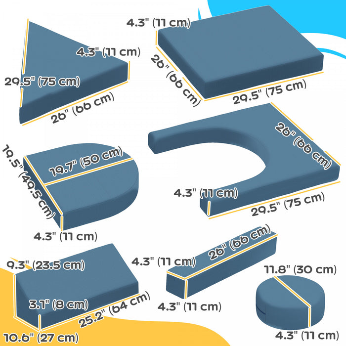 Qaba 12-piece Modular Kids Play Couch Building Fort For Playroom Bedroom, Convertible Kids Sofa Foam And Floor Cushion, Boys And Girls, Blue