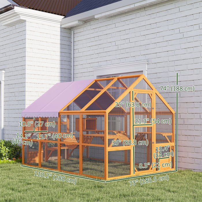 Pawhut Catio Outdoor Cat Enclosure Wooden Feral House With Weatherproof Canopy, Bridges, Resting Boxes, Platforms, For 3-6 Cats, Orange