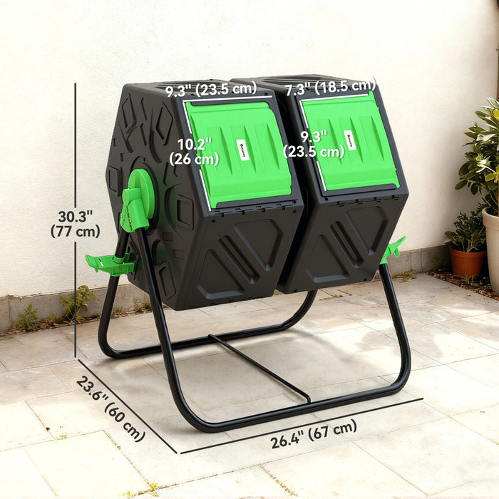 Outsunny 34.5 Gallon Dual Chamber Compost Bin, Rotating Composter, Compost Tumbler with 24 Ventilation Openings and Steel Legs, Green