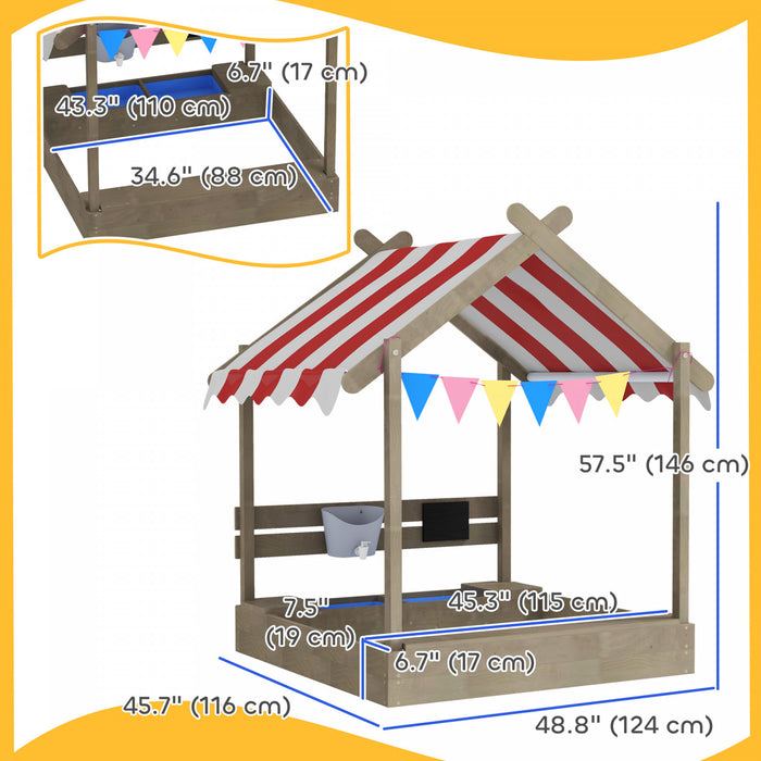 Outsunny Outdoor Kids Sandbox with Cover, Liner, Blackboard, Toys, Seat, Flags, House Design, Kids Playset for 3-7 Years Old, Backyard, Grey
