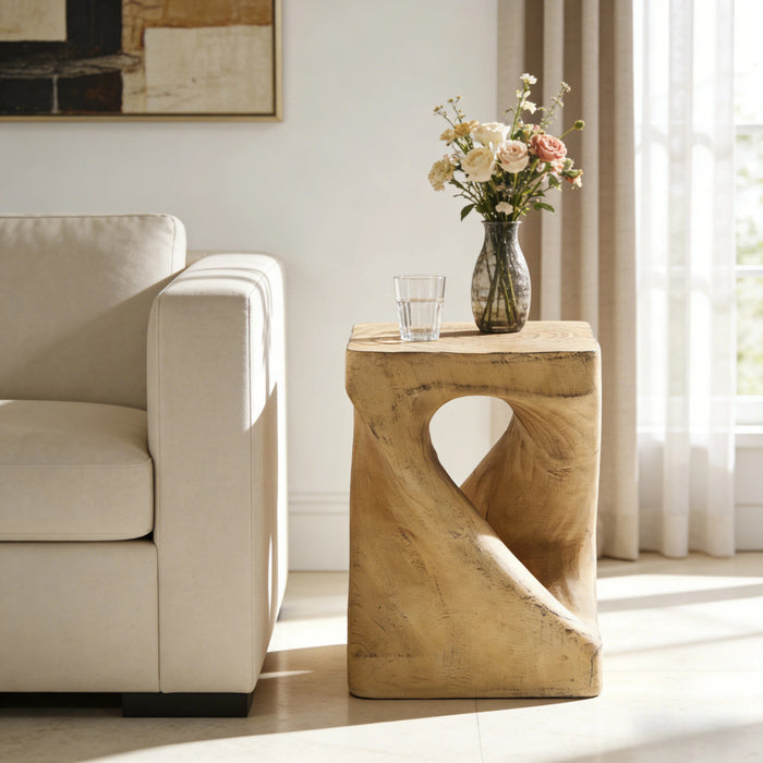 Miro 16\" Modern Twisted Hourglass MGO Accent Table, Faux Wood Grain Indoor Side Table, Natural