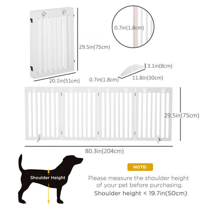 Pawhut Freestanding Pet Gate 4 Panel Dog Barrier Folding Safety Fence With Support Feet Up To 80.25\" Long 29.5\" Tall For Doorway Stairs Black White