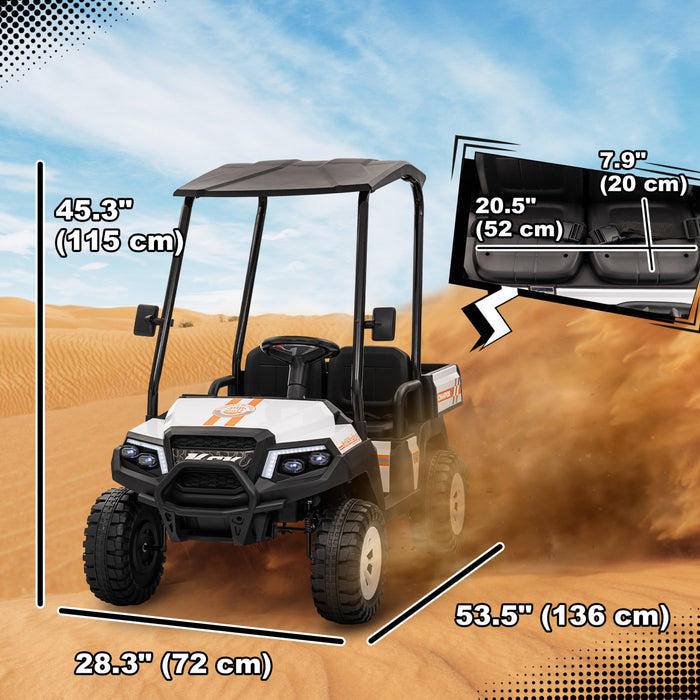 Qaba 2 Seater Electric Car For Kids, 24v Battery Powered Ride-On Kids Electric Car W/ Remote Control, 4 Wheels Spring Suspension, Soft Start, Storage, Sunshade, Music, Horn, Light, White