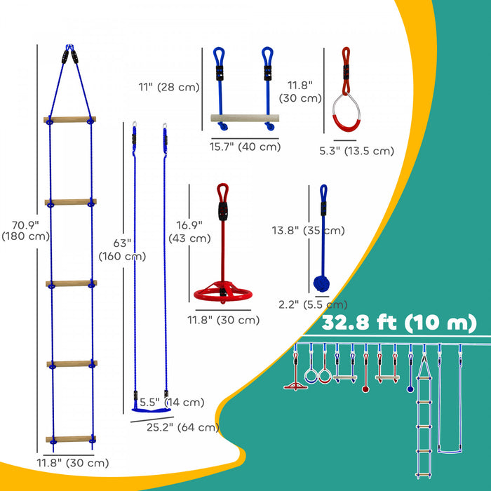 Qaba 32.8ft Ninja Zipline, Slackline Warrior Obstacle Course for Kids with Monkey Bars, Swing, Climbing Ladder, Gym Rings, Gripping Balls, Hanging Tray, for Backyard Outdoor Garden
