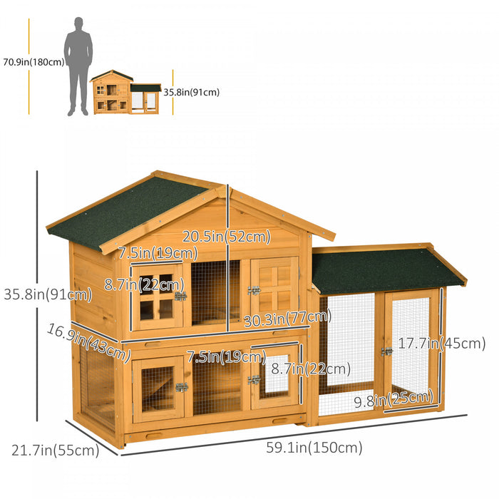 Pawhut 59\" Wooden Rabbit Hutch 2 Tier Bunny House Pet Playpen Enclosure For Indoor Outdoor With Slide-out Tray, Ramp, For Rabbits And Small Animals, Orange