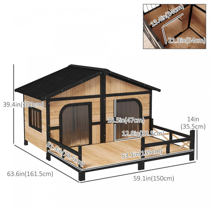 Pawhut 59\"x64\"x39\" Wood Dog House Outdoor Cabin-style Elevated Pet Shelter With Porch Deck, Beige