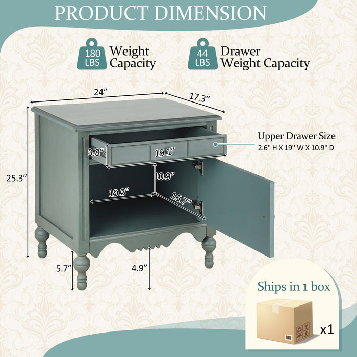 Amelia Vintage 24\" Nightstand with Carved Drawer and Cabinet,Blue