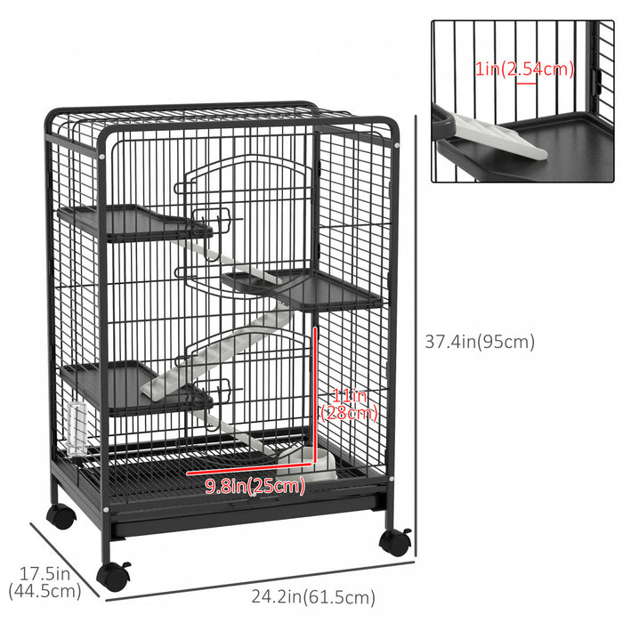 Pawhut 4-tier Small Animal Cage Pet Playpen For Rabbit Ferret Chinchilla On Wheels With Removable Tray Platform Ramp Food Dish Water Bottle, 24\" X 18\" X 37\"