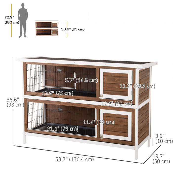 Pawhut 54\"l 2-story Large Rabbit Hutch Bunny Cage Wooden Pet House Small Animal Habitat With Lockable Doors, No Leak Tray And Waterproof Roof For Outdoor/indoor Brown