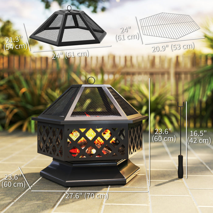 Outsunny 28\" Outdoor Fire Pit Grill Firepit with Spark Screen, Poker, Black