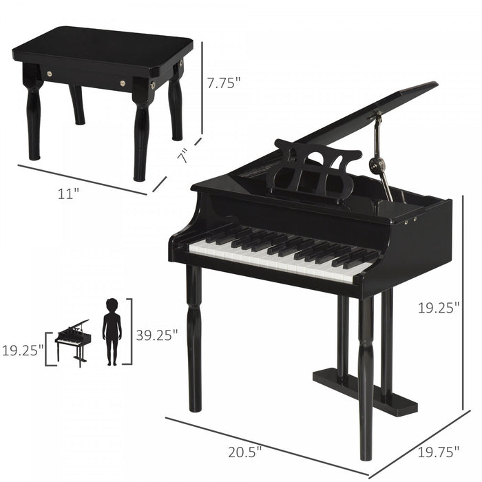 Homcom Modern Kids Piano, 30 Keys, Set Of 2, Mini Toy For Child, Grand Piano With Music Stand And Bench, Ideal Gift, Black
