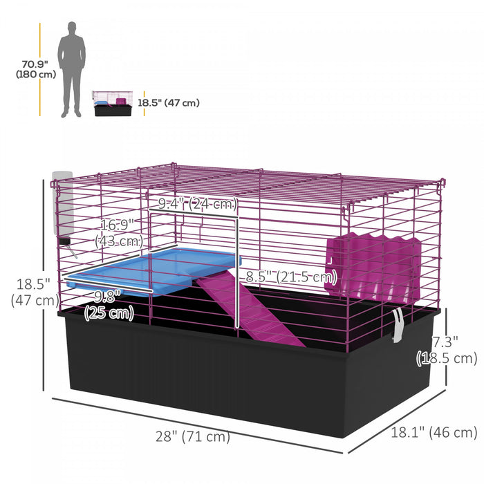 Pawhut 28\" L Rabbit Cage, Large Guinea Pig Cage Small Animal Cage With Water Bottle, Food Dish, Platform, Ramp, For Ferret, Chinchilla, Black