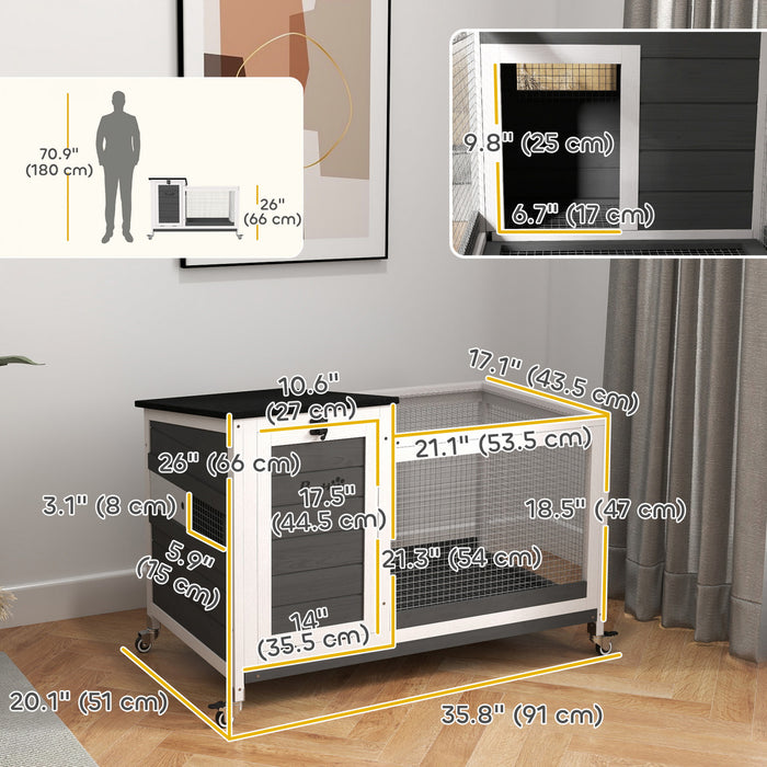 Pawhut Wooden Rabbit Hutch, Indoor Outdoor Guinea Pig Cage With Pull-out Tray, Asphalt Openable Roof, Small Animal Cage On Wheels With Run, Dark Grey